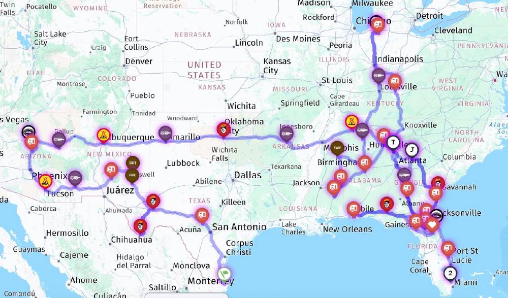 Map showing our 2025 travel stops