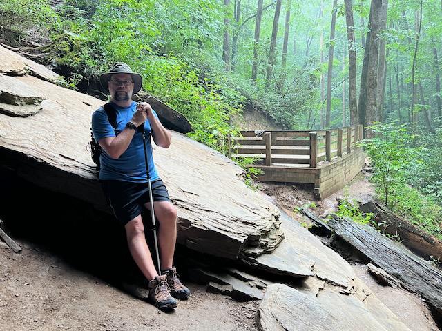 Steve waiting out the rain on our hike